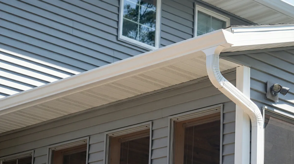 Professional home remodeling project showing newly installed white seamless gutters and downspouts on a house with gray siding in Colorado Springs, CO