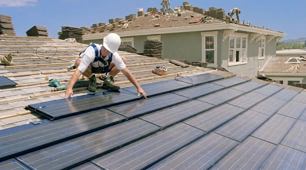 Roof replacement expert installing modern solar shingles on a residential home in Colorado Springs, CO