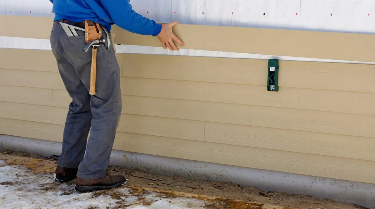 Siding replacement expert carefully aligning a new tan siding panel onto a residential exterior wall in Colorado Springs, CO