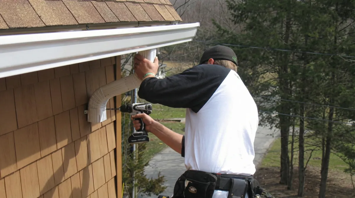 Professional contractor installing tan vinyl siding panels on a residential home exterior in Colorado Springs, CO