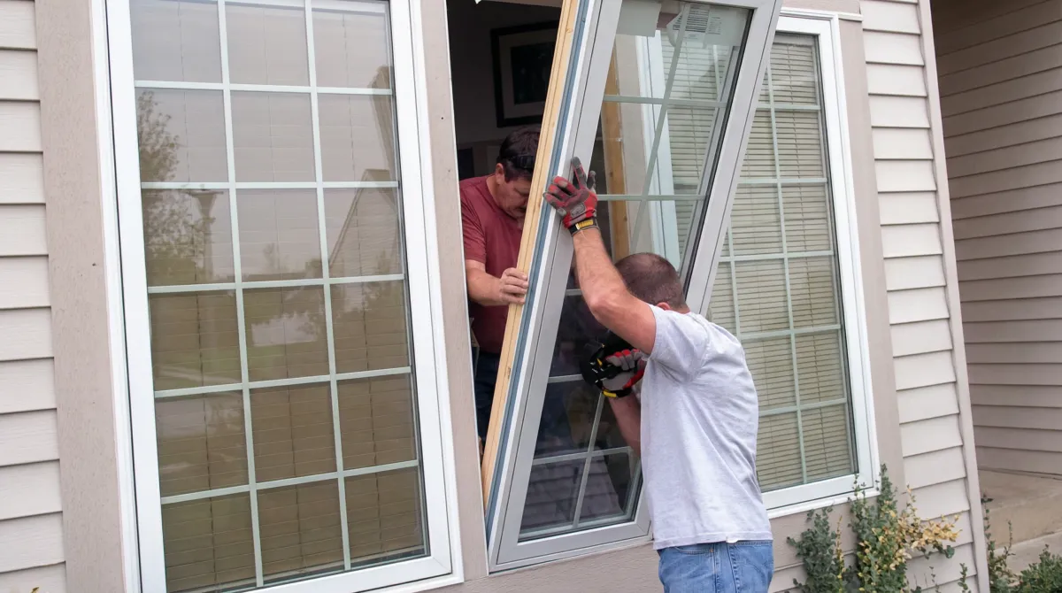 Professional home remodeling team installing a large replacement window on a house with tan siding in Colorado Springs, CO